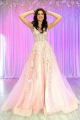 Long Corset Prom Dress with Pink Spaghetti Straps and A-Line Applique Tulle