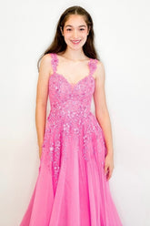 Long A-Line Prom Dress with Hot Pink Spaghetti Straps and Tulle Applique