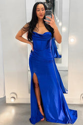 Elegant Royal Blue Satin Sweetheart Mermaid Prom Gown with Ruched Detail and Slit