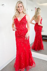 Long Red Prom Dress with Spaghetti Straps Tulle Mermaid Style and Appliques