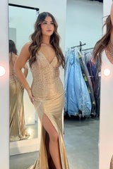 Long Beaded Mermaid Prom Dress with Golden Spaghetti Straps and Slit