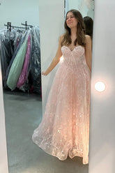 Long Sweetheart Princess Corset Prom Dress in Light Pink Tulle with Appliques