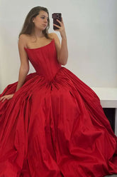Long Red Satin Corset Prom Dress with Strapless Princess Ruched Design