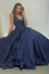 Long Navy Satin V-Neck Prom Ball Gown with Appliques