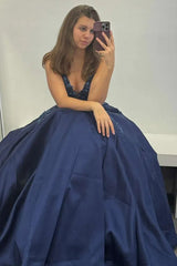 Long Navy Satin V-Neck Prom Ball Gown with Appliques