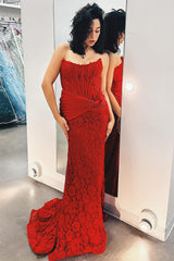 Long Strapless Mermaid Prom Dress with Red Lace and Ruched Corset