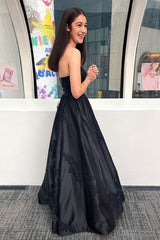Black Satin Prom Dress with Sparkly Appliques and Spaghetti Straps