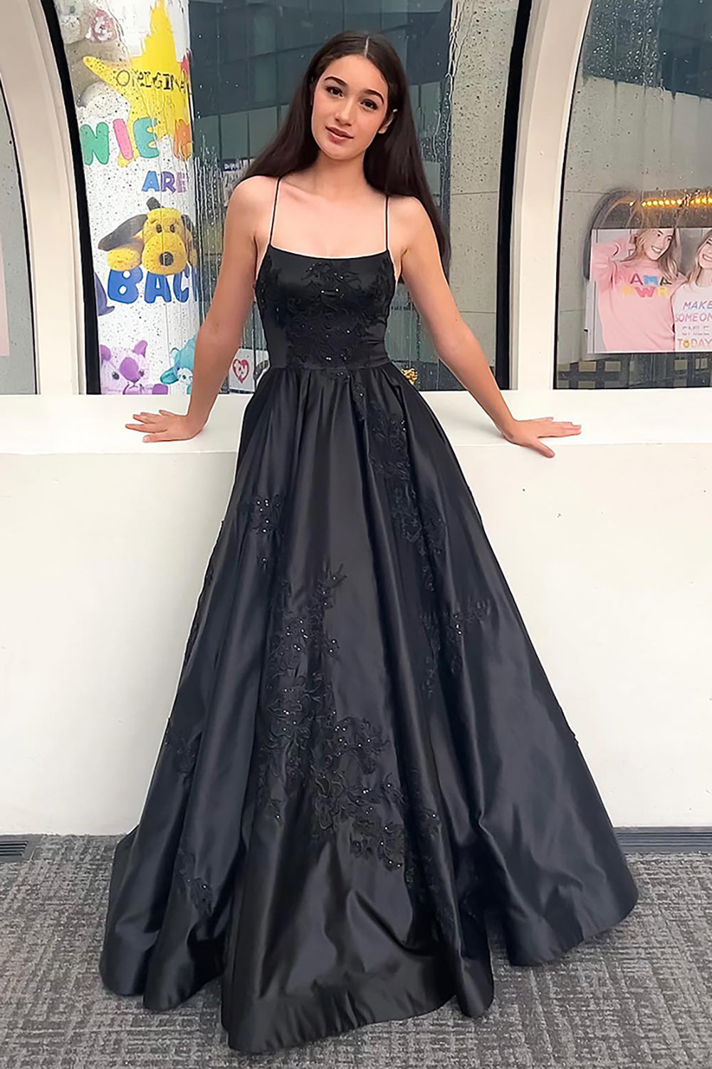 Black Satin Prom Dress with Sparkly Appliques and Spaghetti Straps