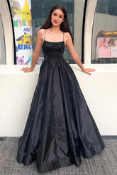 Black Satin Prom Dress with Sparkly Appliques and Spaghetti Straps
