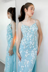 Long Mermaid Prom Dress in Light Green with Spaghetti Straps and Appliques