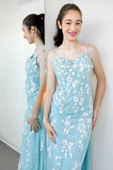 Long Mermaid Prom Dress in Light Green with Spaghetti Straps and Appliques