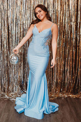 Long Mermaid Prom Dress with Sparkly Light Blue Beaded Spaghetti Straps and Appliques