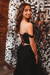 Black Sparkle Mermaid Corset Prom Dress with Off-Shoulder Lace and Beading