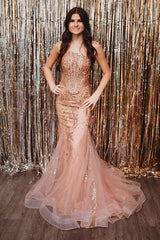Champagne Glitter One-Shoulder Mermaid Prom Dress with Sequin Tulle Corset