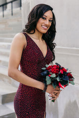 Elegant Black Burgundy V-Neck Beaded Mermaid Gown with Side Slit