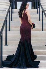Elegant Black Burgundy V-Neck Beaded Mermaid Gown with Side Slit