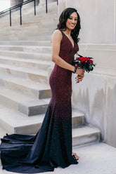 Elegant Black Burgundy V-Neck Beaded Mermaid Gown with Side Slit