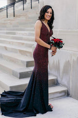 Elegant Black Burgundy V-Neck Beaded Mermaid Gown with Side Slit