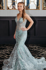Long Mermaid Prom Dress with Light Green Sequin Tulle and Glitter Spaghetti Straps