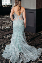 Long Mermaid Prom Dress with Light Green Sequin Tulle and Glitter Spaghetti Straps
