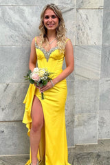 Long Mermaid Prom Dress in Yellow Satin with Ruffled Spaghetti Straps and Beading