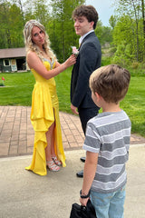 Long Mermaid Prom Dress in Yellow Satin with Ruffled Spaghetti Straps and Beading