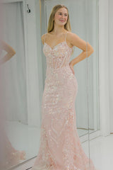 Long Sequin Mermaid Prom Dress with Lilac Spaghetti Straps and Tulle Appliques