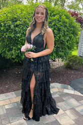 Black Princess Glitter Long Prom Dress with Spaghetti Straps and Tiered Tulle