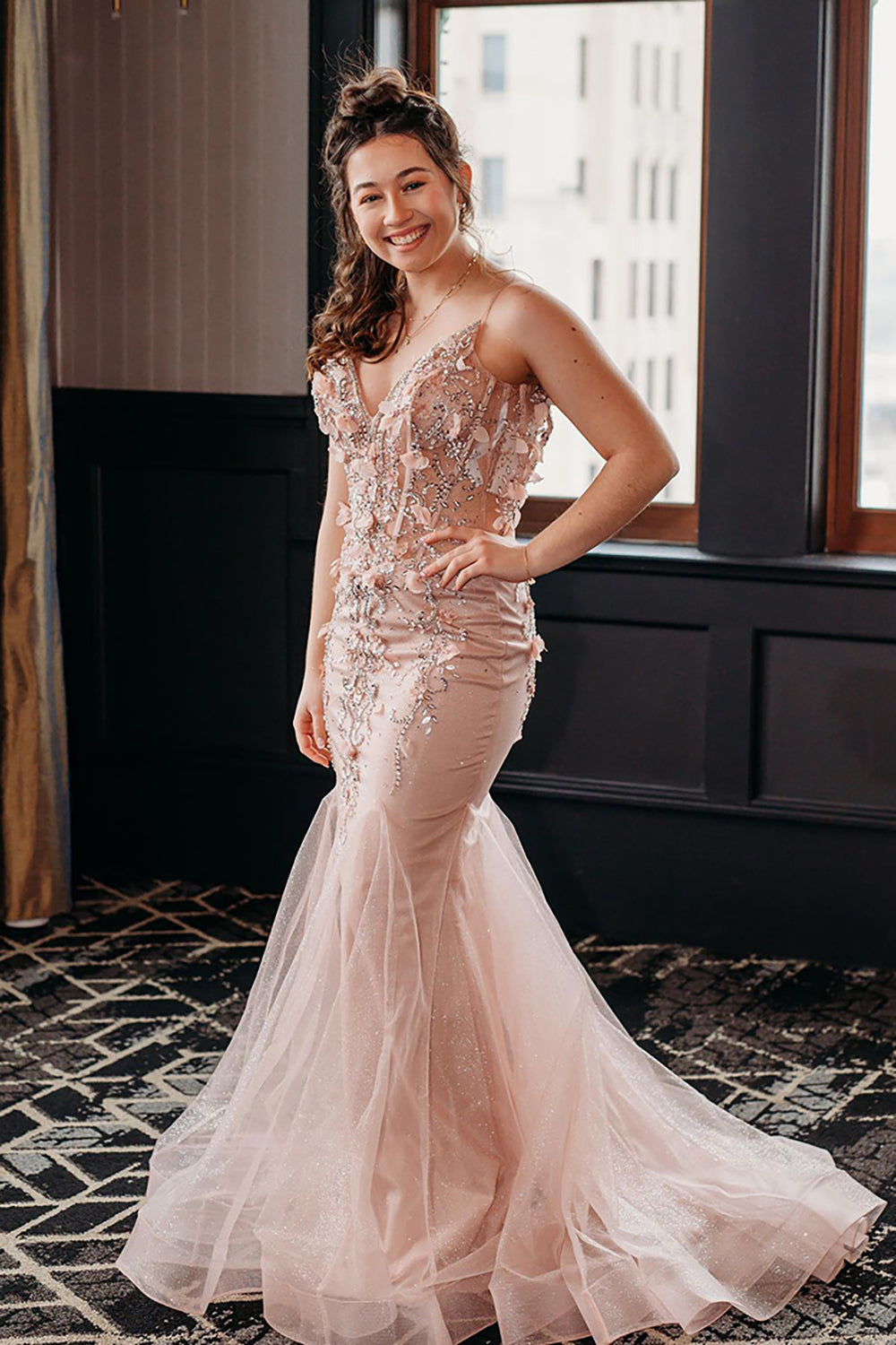 Long Mermaid Prom Dress with Sparkly Blush Tulle and Spaghetti Straps Featuring Appliques