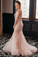 Long Mermaid Prom Dress with Sparkly Blush Tulle and Spaghetti Straps Featuring Appliques