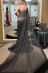 Black Sparkly One-Shoulder Long Prom Dress with Cut-Out Details Beaded Mermaid Gown and Cape