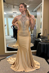Gold Glitter Mermaid Prom Dress with Beaded Halter Neck