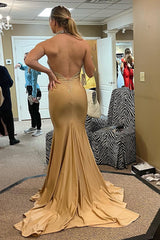 Gold Glitter Mermaid Prom Dress with Beaded Halter Neck