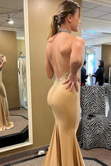 Gold Glitter Mermaid Prom Dress with Beaded Halter Neck