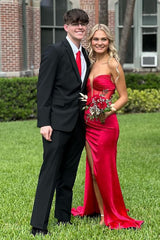 Long Red Satin Sweetheart Mermaid Prom Corset Dress Featuring a Slit