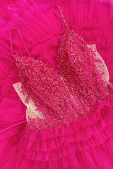 Long Fuchsia Prom Dress with Tiered Tulle and Spaghetti Straps Adorned with Princess Appliques