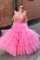 Long Corset Prom Dress in Pink Princess with Tulle Tiered Spaghetti Straps and Appliques