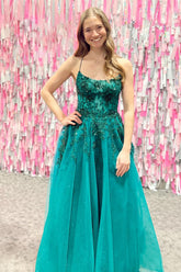 Princess Corset Prom Dress in Emerald Green with Tulle and Spaghetti Straps Long with Appliques