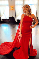 Long Satin Prom Dress in Red with One Shoulder and Mermaid Cape