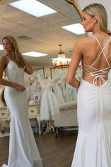 Long Red Prom Dress with Mermaid Silhouette Spaghetti Straps and Beaded Backless Design