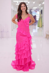 Long Tiered Prom Dress in Fuchsia Chiffon with Mermaid Silhouette