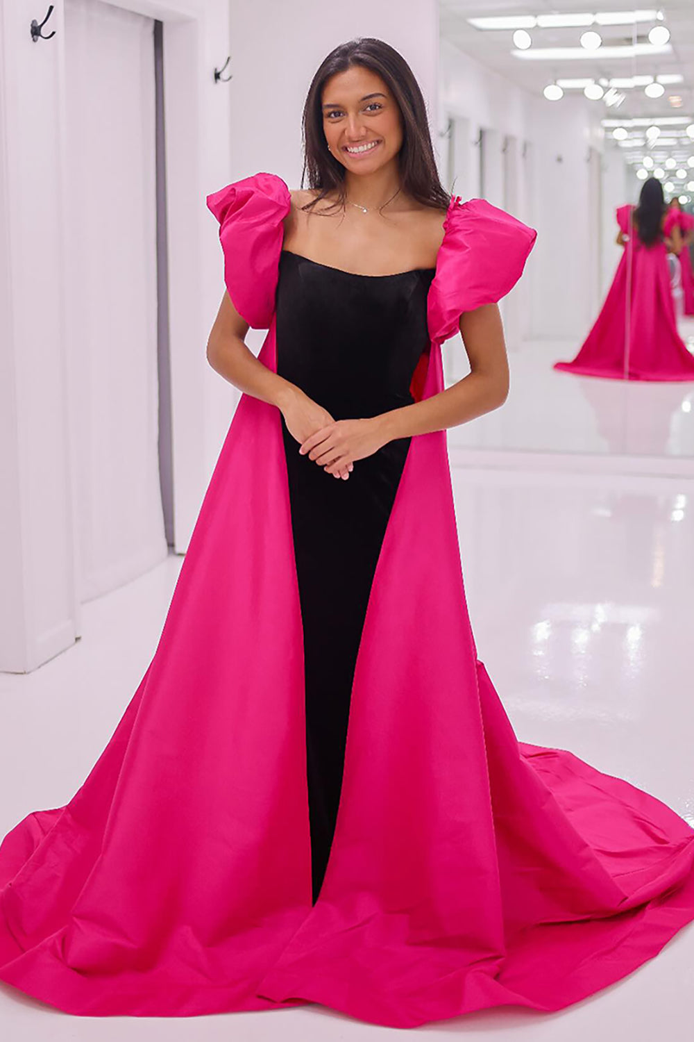 Long Strapless Mermaid Prom Dress in Black and Fuchsia with Matching Cape
