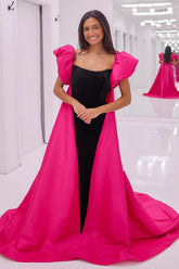 Long Strapless Mermaid Prom Dress in Black and Fuchsia with Matching Cape