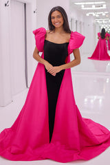 Long Strapless Mermaid Prom Dress in Black and Fuchsia with Matching Cape