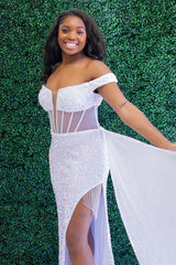 White Sparkling Corset Prom Dress with Slit 鈥?Off-Shoulder Mermaid Long Sequins