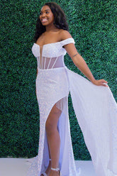 White Sparkling Corset Prom Dress with Slit 鈥?Off-Shoulder Mermaid Long Sequins