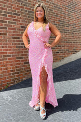 Long V-neck Mermaid Prom Dress with Sparkly Pink Sequins and Slit