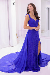 Long Mermaid Prom Dress in Royal Blue with Spaghetti Straps Lace Beads and Slit