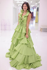 Princess satin long prom dress in light green with halter neck ruffles and tiered design