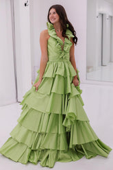 Princess satin long prom dress in light green with halter neck ruffles and tiered design